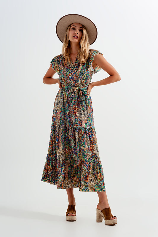 Q2 Vestido semilargo con estampado de cachemir y volantes en el bajo en verde