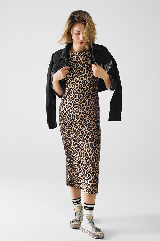Q2 Vestido sin mangas de Spandex con estampado de leopardo