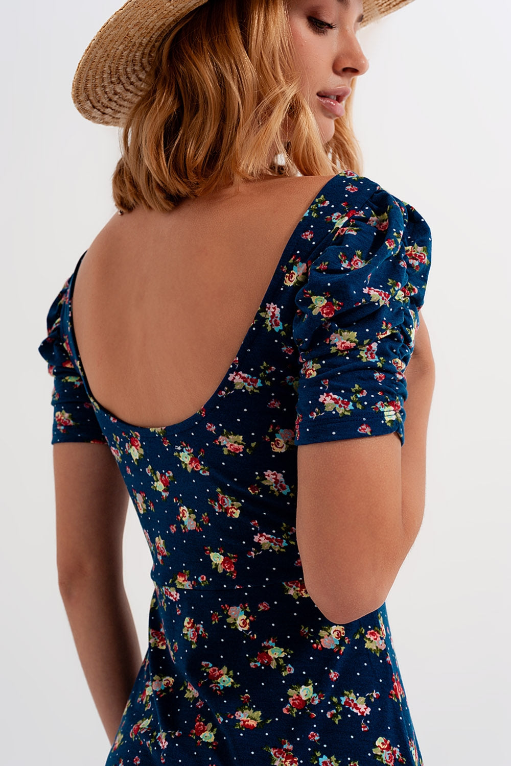 Vestido skater con manga abullonada y estampado floral azul marino Q2