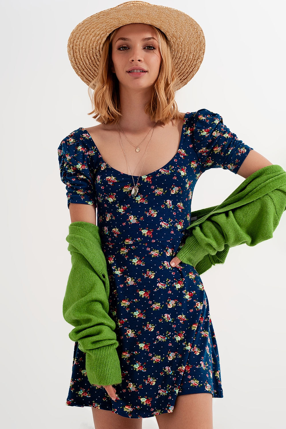 Vestido skater con manga abullonada y estampado floral azul marino Q2