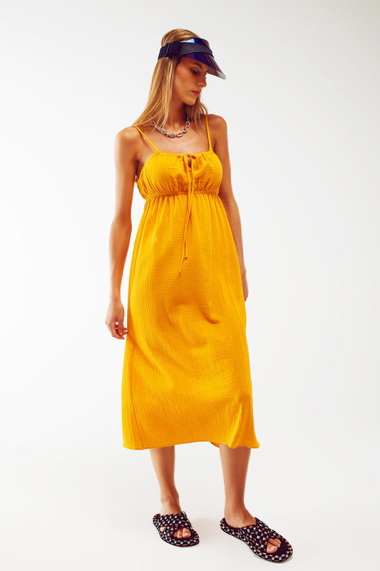 Q2 Vestido veraniego largo amarillo de tirantes con cintura fruncida