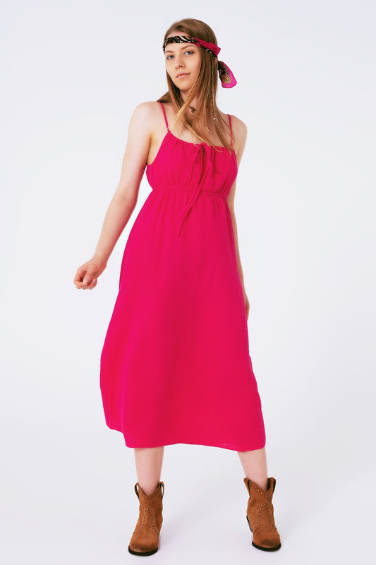 Q2 Vestido veraniego largo fuxia de tirantes con cintura fruncida